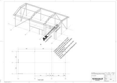 Bildet viser en tegning med både et 3D-opprikk (aksometrisk visning) og en todimensjonal planutsnitt (PLAN +0.000) av en bygning.