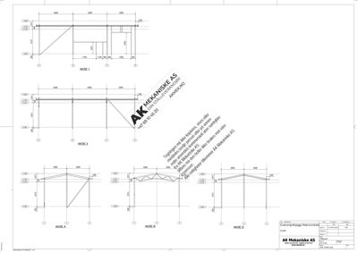 Tegning som viser detaljerte konstruksjonsdetaljer for stålkonstruksjoner (aksler) i en bygning, med mål og dimensjoner.