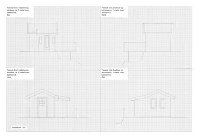 Fasadetegning som viser bygningens utseende fra fire sider (Sør, Nord, Vest, Øst).