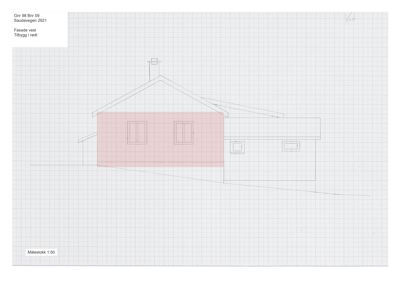 Fasadetegning av en bygning sett fra vest, med en rød fargetone som markerer et tilbygg.