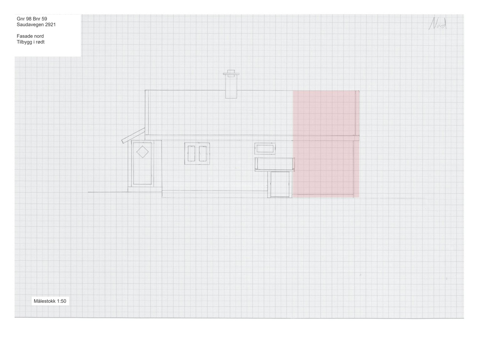 Fasadetegning av en bygning sett fra nord, med angitt eksisterende deler og et tilbygg i rødt.