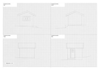 Fasadetegning for et anneks, vist fra fire sider (Sør, Nord, Vest, Øst) med målestokk 1:50.