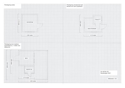 Bildet viser flere plantegninger (aneks, nåværende bad, bodd/badstue) med romnavn og mål.