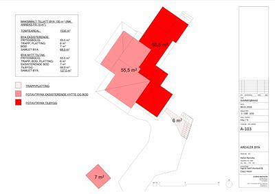Situasjonsplan som viser arealoppdelinger på tomt, inkludert eksisterende og nytt bygg, samt trapp/flatting.