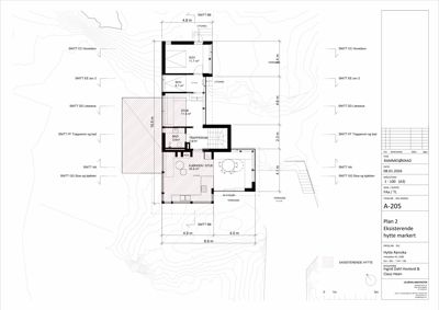 Etasjeplan (Plan 2) for en eksisterende hytte, som viser romfordeling, dimensjoner og snittreferanser.
