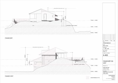 Tegning som viser fasadeopprikk (vest og øst) for en hytte, inkludert høyder, terrengforhold og eksisterende bygning.