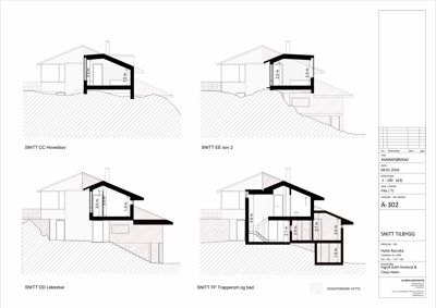 Snittegning av en hytte som viser tverrsnitt gjennom bygningen, høyder, trapp og romoppdeling.