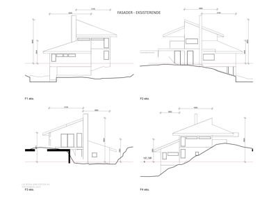 Fasadetegning for eksisterende bygning med oppriss og mål.