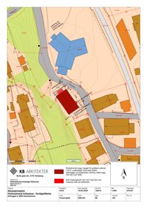 Situasjonsplan som viser tomtens beliggenhet, eksisterende bygninger (fargekodet), nye inngangsparti, og omgivelsene med høydemålerlinjer.