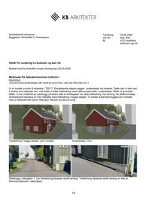 Et dokument fra KB Arkitekter som inneholder en vurdering fra Kultur- og kart VA. Dokumentet viser tre bilder: to 3D-modeller (renderinger) av en bygning med trekledd fasade, og to foton av nabobygg med trekledd fasade.