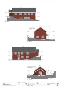Fasadetegning som viser bygningens utseende fra fire ulike vinkler: vest, sør, øst og nord.