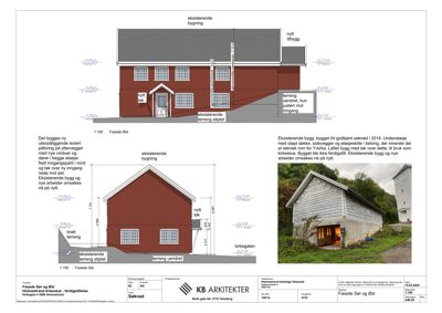Fasadetegning med oppriss av eksisterende og nytt tilbygg, inkludert mål, høyder og beskrivelse av endringer.