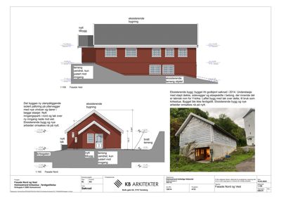 Tegning som viser fasadeoppsettet (vest og nord) for en eksisterende og nytt tilbygg til Holmestrand kirkehus.