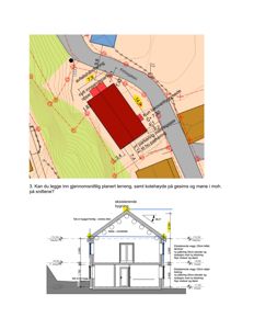 Situasjonsplan som viser tomtens form, terrengkonturer (koter), eksisterende og planlagt bygning, samt tilstøtende veier og parkeringsområder.