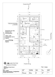 Etasjeplan (Plan 1 etasje) som viser romfordeling, dimensjoner og fasaderetninger for Holmestrands kirkested.