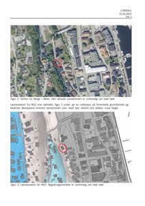 Bildet viser to kart: øverst et flyfoto (orthofoto) og nederst et løsmassekart fra NGU. Begge kartene viser eiendommens plassering i forhold til omgivelser, veier og vann. Røde sirkler markerer den aktuelle eiendommen.