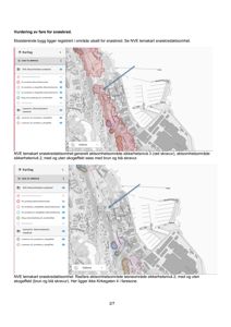 Bildet viser to kartutsnitt fra et digitalt kartsystem (NVE) som illustrerer snøskredfareområder (aksjonsområder) i forhold til eksisterende bygninger. Det er også inkludert tekst som forklarer kartlagene og konklusjoner om fare.