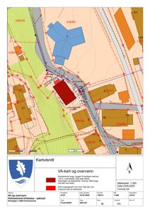 Kartutsnitt (VA-kart) som viser eksisterende og planlagt vann- og avløpsanlegg i forhold til bygninger og infrastruktur.