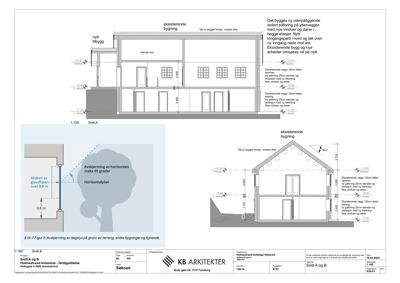 Snittegning (Snitt A og B) som viser bygningens tverrsnitt, høyder, vindusoppheng og konstruksjonsdetaljer.
