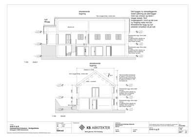 Snittegning (Snitt A og B) som viser tverrsnittet av en eksisterende og nybygget bygning, inkludert høyder, konstruksjoner og romfordeling.