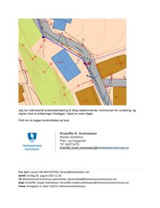 Situasjonsplan som viser tomt, vei, nabobebyggelse og topografi.