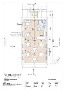 Etasjeplan (Plan 2 etasje) som viser romfordeling, dimensjoner og fasader for en kirkestue.
