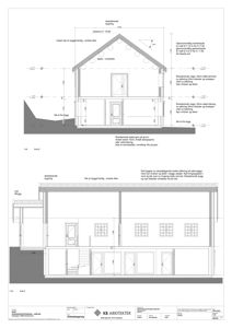 Snittegning (Snitt A og Snitt B) som viser tverrsnittet av en bygning med detaljer om høyder, materialer og konstruksjon.