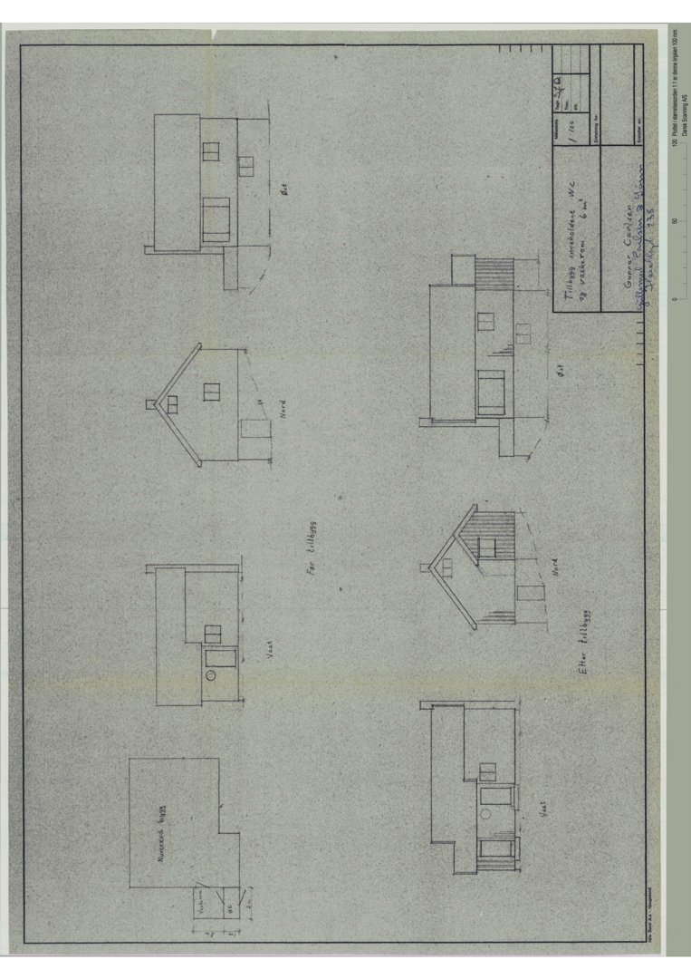 Fasadetegning som viser bygningens utseende før og etter en tilbygg-tiltak.