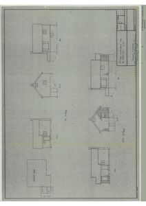 Fasadetegning som viser bygningens utseende før og etter en tilbygg-tiltak.