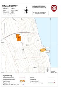 Situasjonskart som viser eiendomsnummer, høydekurver, byggefelt og kommunale ledninger for Karmøy kommune.