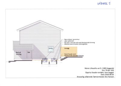 Oppriss av fasaden sett fra nordøst som viser eksisterende og planlagte endringer.