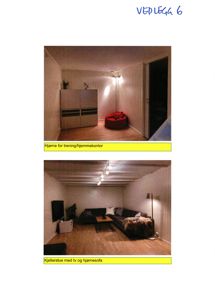 Fotografier av et innvendig rom (kjellerstue) med møbler og gulv, inkludert tekster under bildene som beskriver bruken.