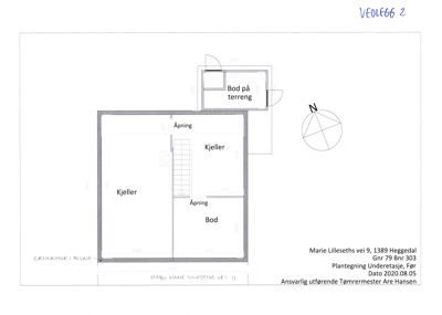 Plantegning av underetasjen (kjeller) med romfordeling, åpninger og tilhørende bod på terreng.
