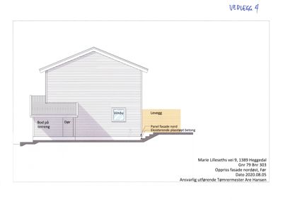 Oppriss (fasadetegning) av en bygning sett fra nordøst, med detaljer om fasadematerialer og terrengforhold.