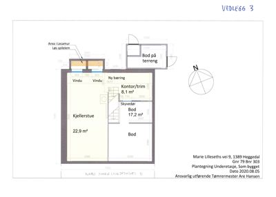 Etasjeplan for underetasjen (kjellerstue og bod) med romfordeling, mål og funksjonsbeskrivelser.