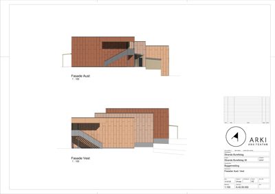 Tegning som viser fasadeoppsett for bygningen sett fra øst og vest.