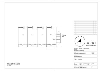 Etasjeplan (Oversikt) som viser romfordeling med romnummer (31A-D) og en planlagt tilbygg.