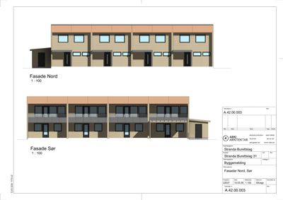 Fasadetegning som viser bygningens utseende sett fra nord og sør.