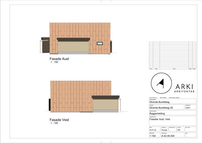 Fasadetegning som viser oppriss av bygningens øst- og vestsiden med materialvalg (trepanel, garasjeport, vindue).