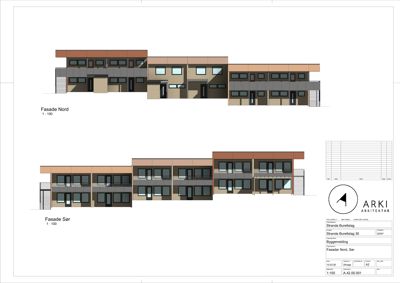 Fasadetegning som viser bygningens utseende sett fra nord og sør.