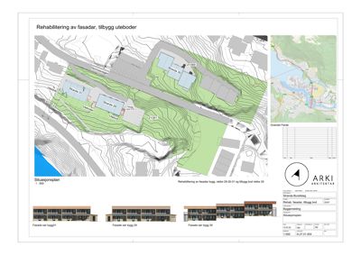 Situasjonsplan som viser tomtens topografi, bygningers plassering og omgivelsene, samt en oversiktskart og fasadetegninger.