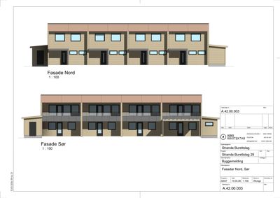 Fasadetegning som viser bygningens utseende sett fra nord og sør.