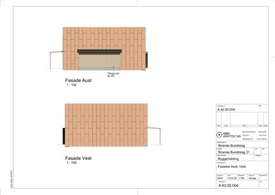 Tegning som viser fasadeoppsett for en bygning, med to varianter: 'Fasade Aust' og 'Fasade Vest'.