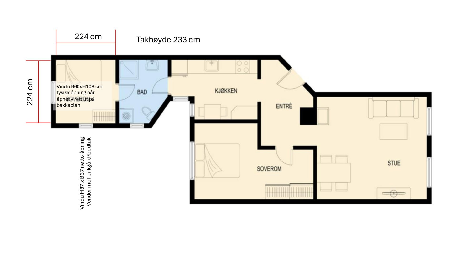 Etasjeplan med romfordeling (stue, soverom, kjøkken, entré, bad), dimensjoner og møblement.