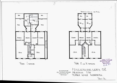 Plantegning som viser romfordeling og etasjer for Foss Winckels gate 31, med to varianter (før og etter forandring).