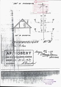 Tegning som viser etasjehøyder og takkonstruksjon for en bygning i Fosswinckelsgate 31.