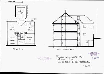 Bildet viser en tegning med etasjeplan for loftet (venstre) og et snitt gjennom hovedbygningen (høyre).