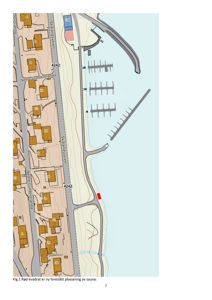 Situasjonsplan som viser etasjeplaner, veier (Skånsdalsveien, Nedre Lundestraanda) og en havn. En rød firkant markerer en foreslått plassering for en sauna.