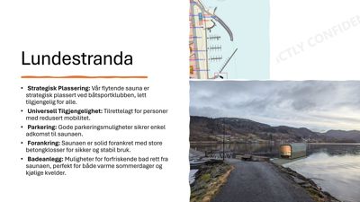 Fotografi av en flytende sauna plassert ved en kai i Lundestranda, med tekstbeskrivelse av funksjon og plassering.