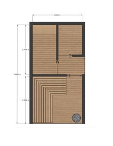 Etasjeplan med romfordeling, dører, trapp og dimensjoner.